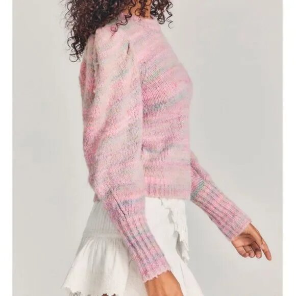 LoveShackFancy Aquarius Pullover Knit Sweater Crew Neck Long Puff Sleeve Pink M - Picture 10 of 13